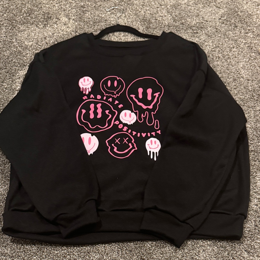 SHEIN Black Sweater with Pink Smiley Faces